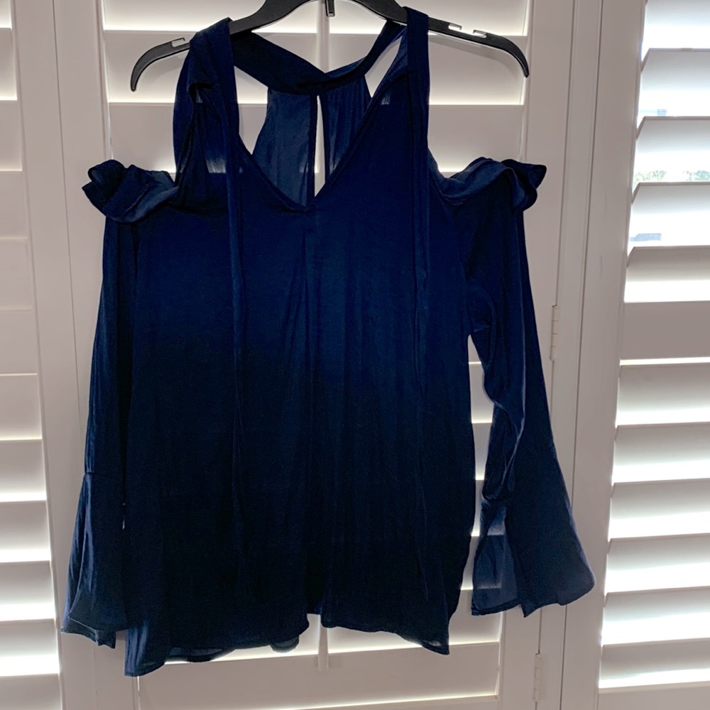 New long sleeve  cold shoulder ruffle blouse  neck tie closure